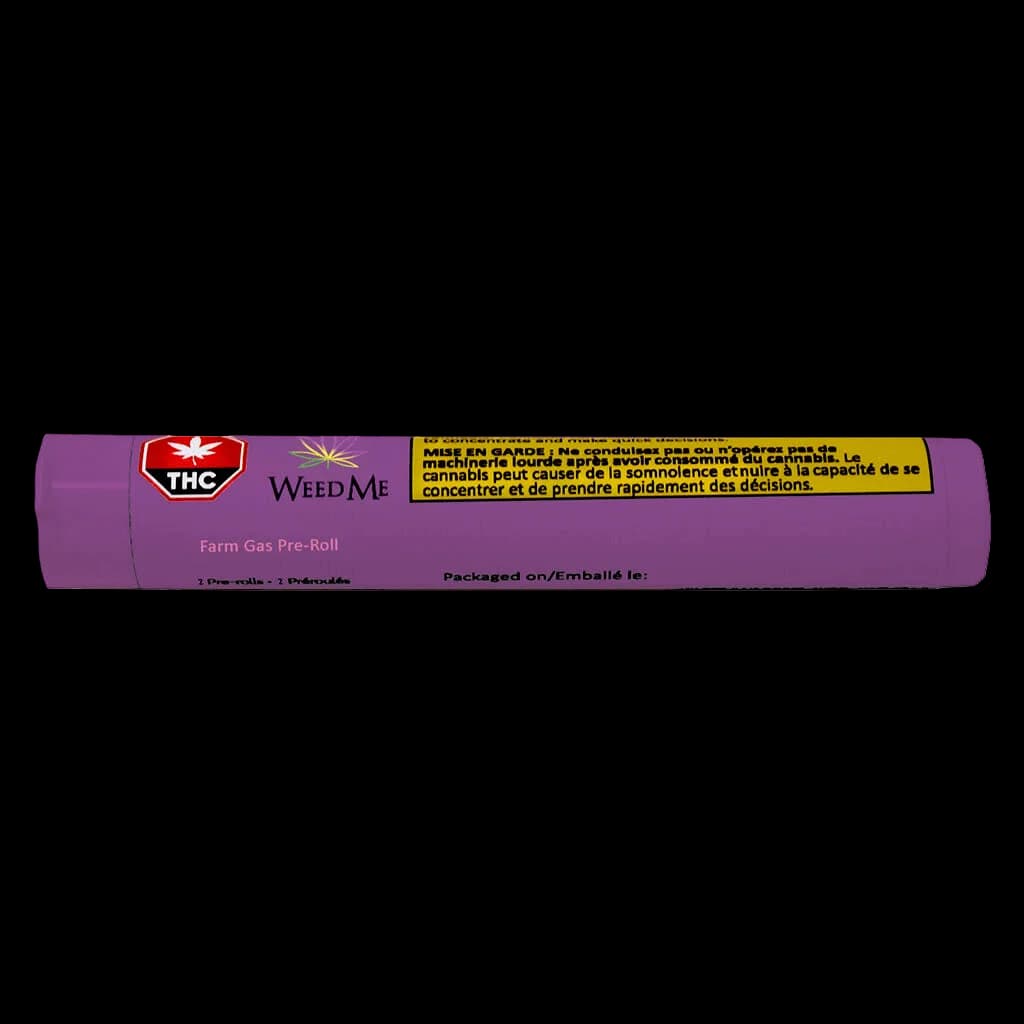 Weed Me Farm Gas Pre-Roll single pre-roll package with purple tube, red THC shield logo, and yellow Health Canada warning label