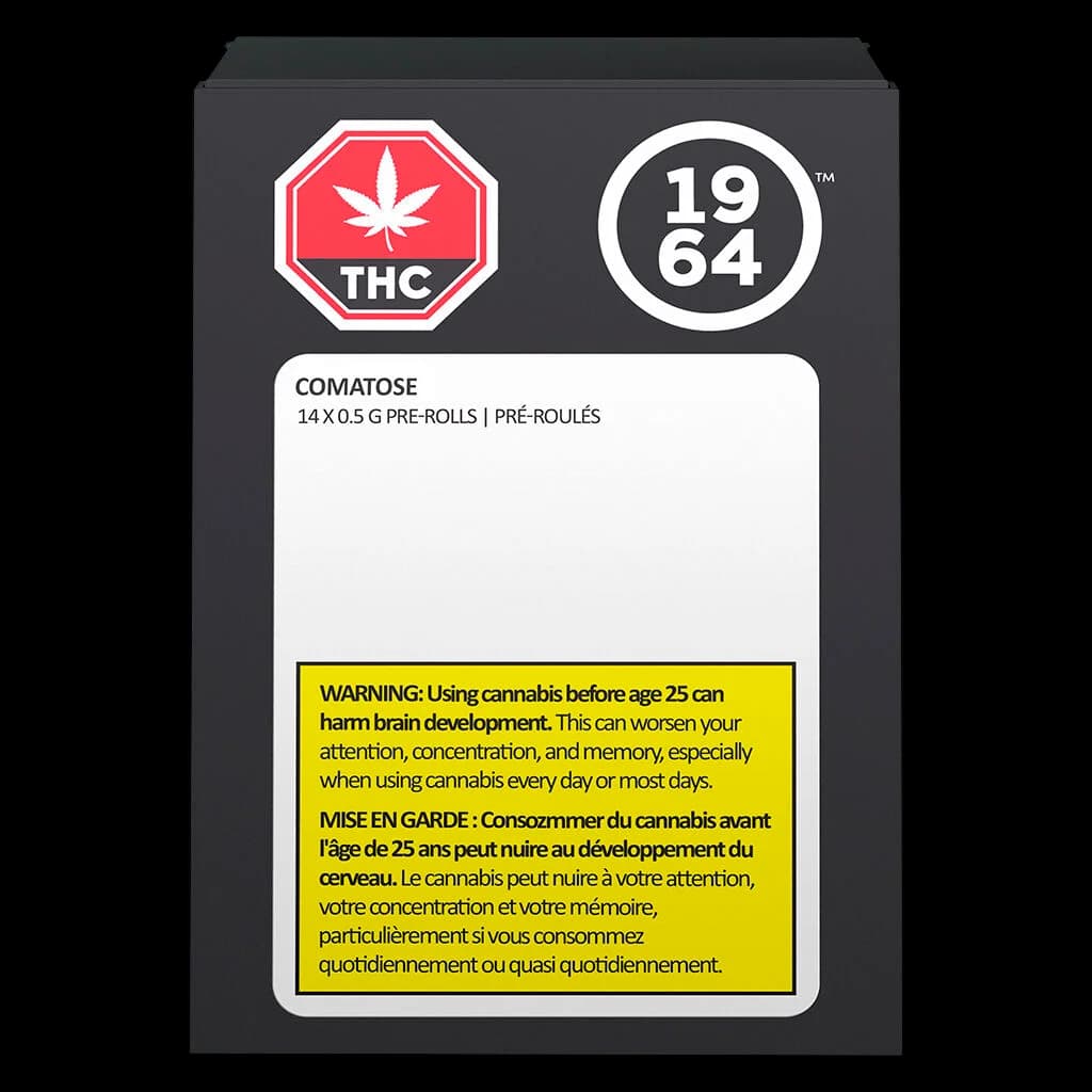 1964 Comatose pre-roll pack, 14 x 0.5g, showing THC warning symbol and Health Canada age warning label