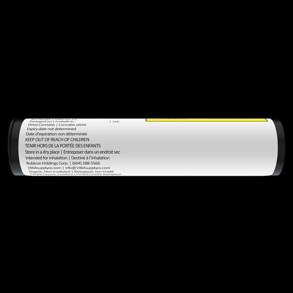 1964 Comatose pre-roll cannabis cylinder with black caps and yellow regulatory label band
