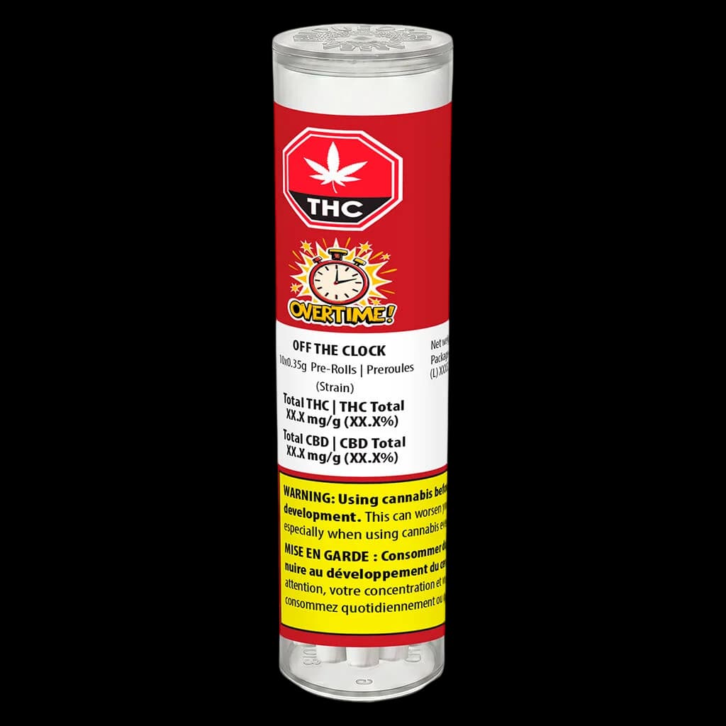 Overtime Off the Clock pre-roll pack, 0.35g, with red packaging featuring THC symbol and clock graphic