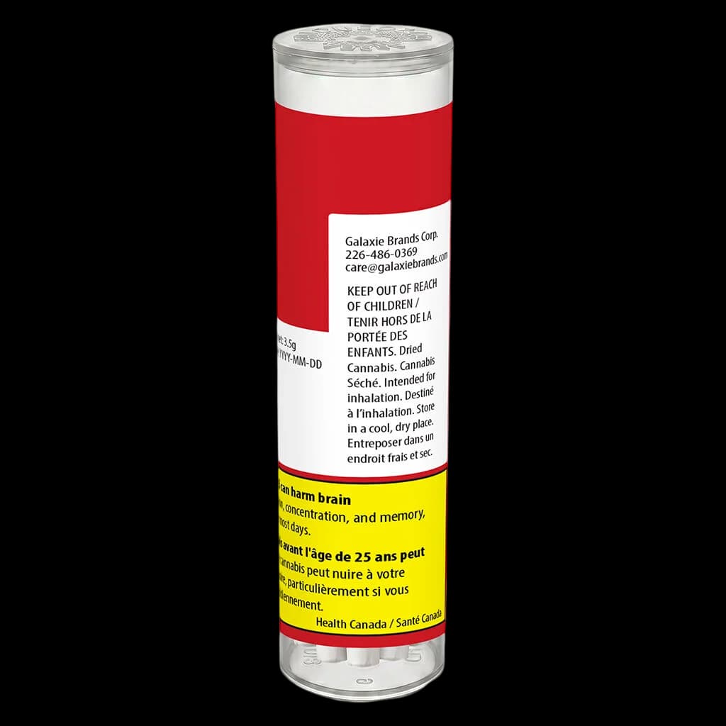 Overtime Off the Clock pre-roll package, cylindrical glass jar with red and white label, Health Canada warning label visible