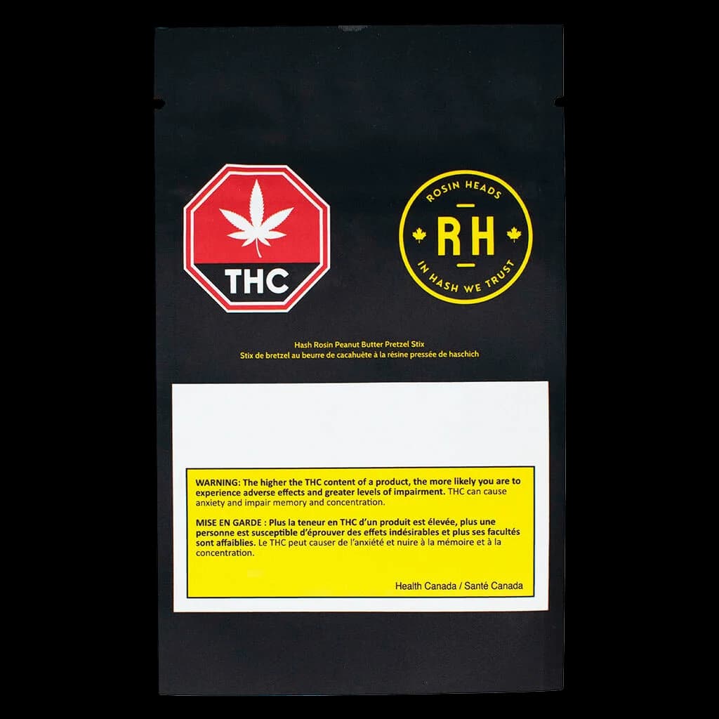Rosin Heads Hash Rosin Peanut Butter Pretzel Stix package front with red THC warning symbol and yellow Health Canada warning label