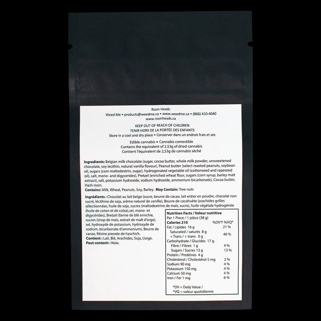 Rosin Heads Peanut Butter Pretzel Stix cannabis edible package back label showing ingredients, nutrition facts, and 2.53g cannabis content