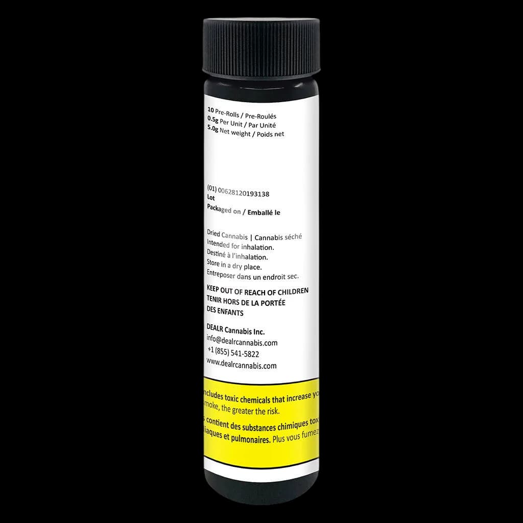 DEALR Cannabis Inc. 10-pack pre-roll tube, 0.5g per unit, 5.0g net weight, with yellow Health Canada warning label