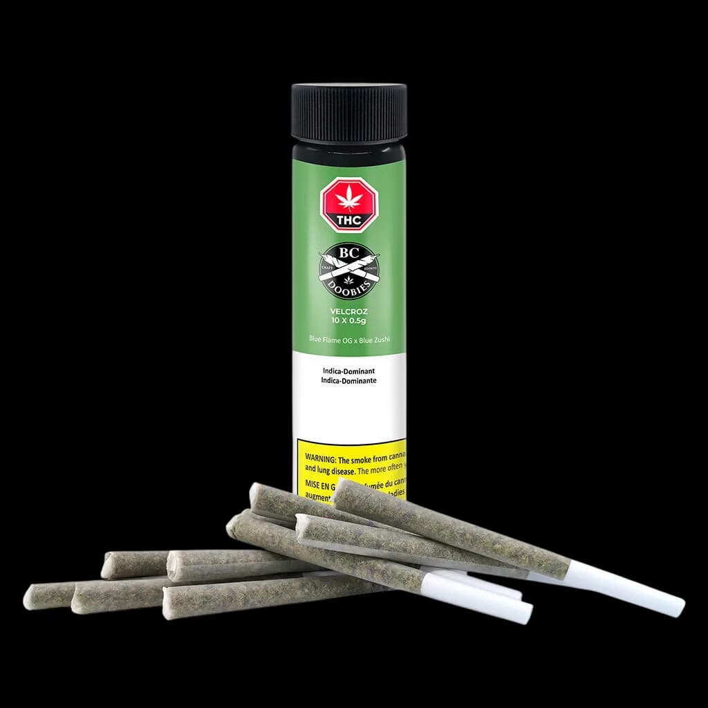 BC Doobies VelcroZ 10-pack pre-rolls with green packaging showing THC warning symbol and indica-dominant strain details