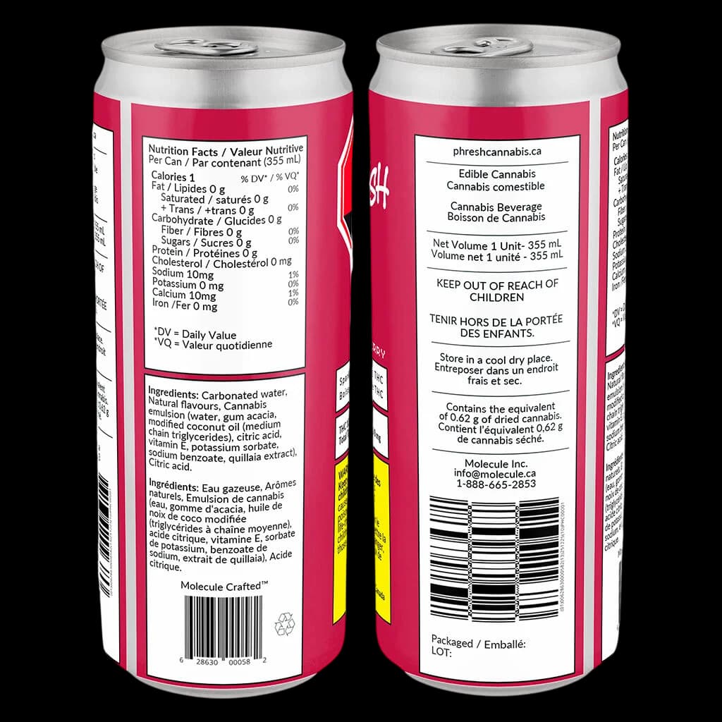 PHRESH Cherry cannabis beverage, 355mL aluminum can showing nutrition facts and ingredients on front and back labels