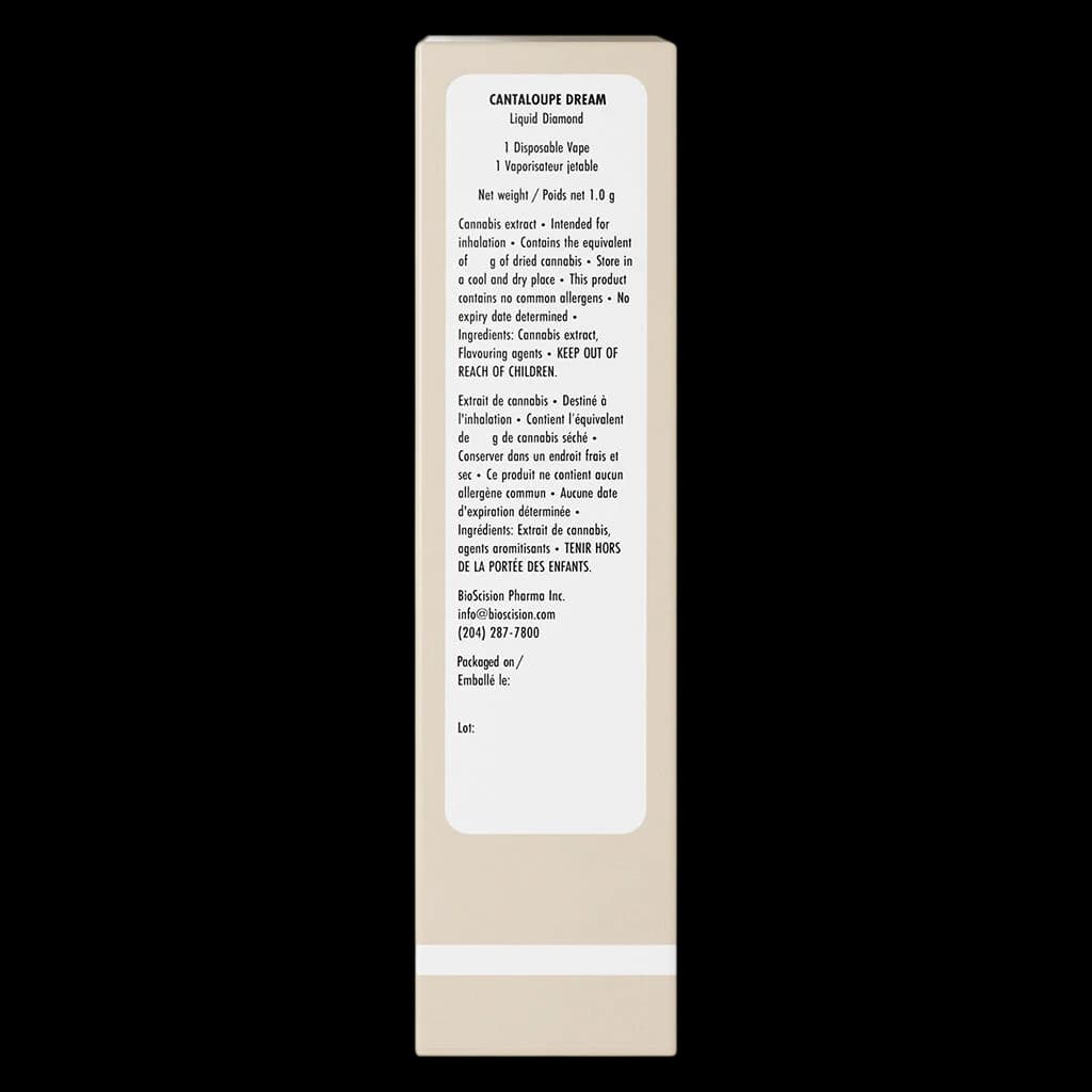 Cantaloupe Dream Liquid Diamond 1.0g disposable vape by DIME Industries, rear packaging showing product details and bilingual warnings