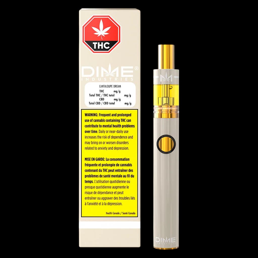 DIME Industries Cantaloupe Dream cannabis vape pen with packaging showing THC warning label