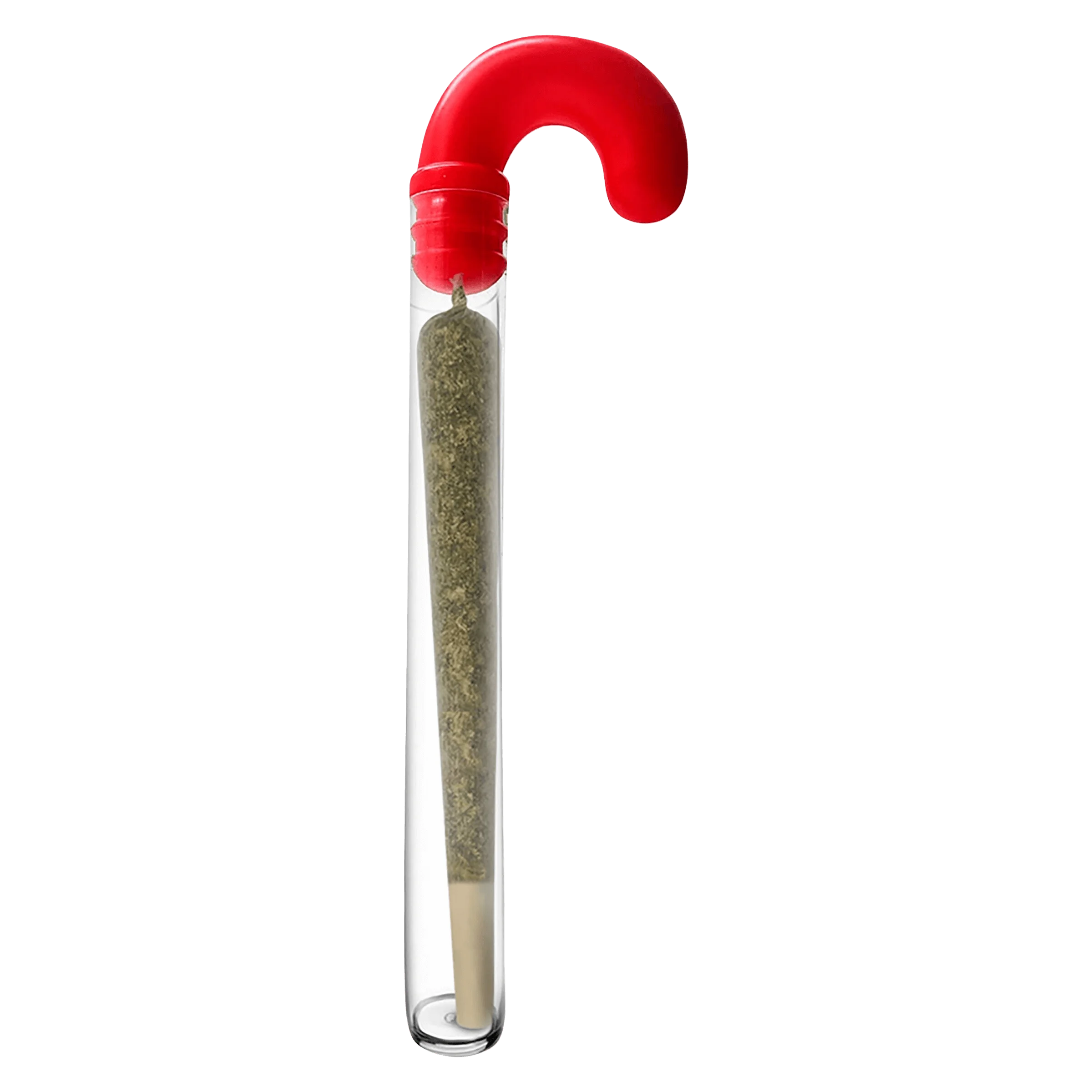 Pré-roulé Candycane d'IRONY en tube transparent avec capuchon rouge en forme de canne en bonbon