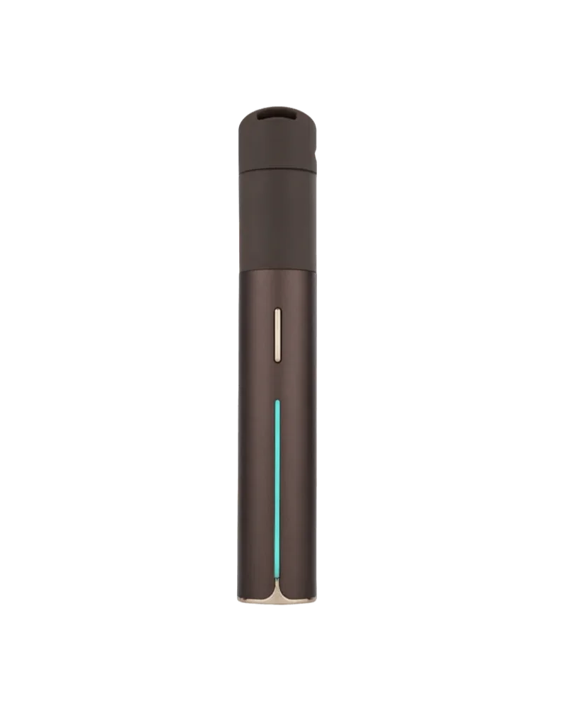Puffco Pivot vaporizer in Mocha, a sleek dark brown portable cannabis vape device with turquoise accents and illuminated button.