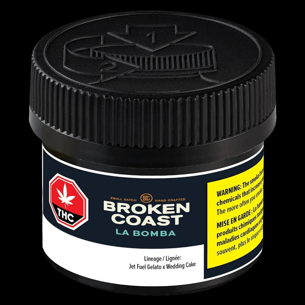 Broken Coast La Bomba dried flower cannabis in glass jar with black child-resistant cap