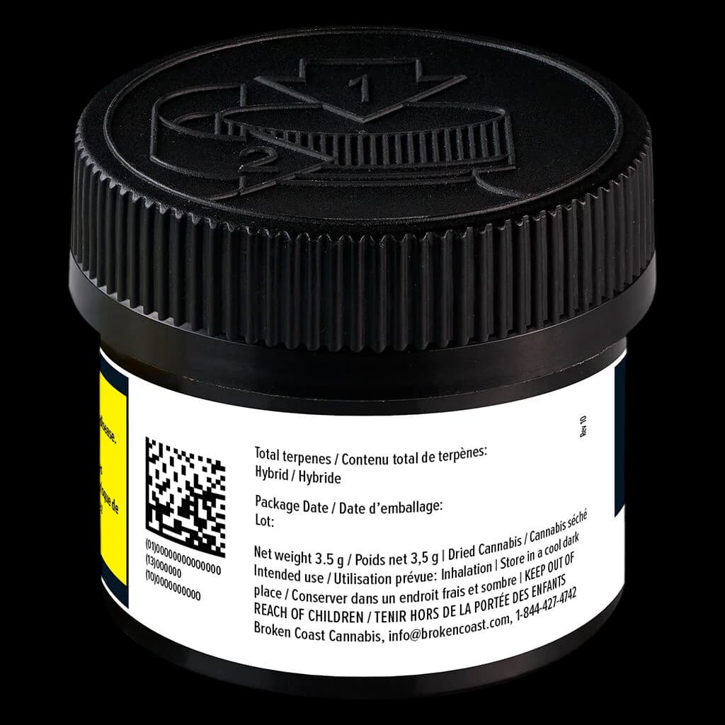 Broken Coast La Bomba 3.5g dried cannabis flower in black glass jar with child-resistant cap