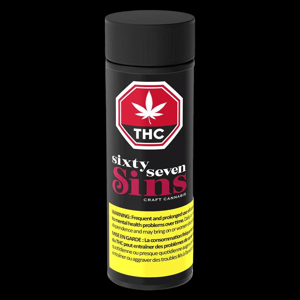 Tube de pré-roulé de cannabis artisanal Sixty Seven Sins avec symbole d'avertissement THC rouge et étiquette d'avertissement jaune de Santé Canada