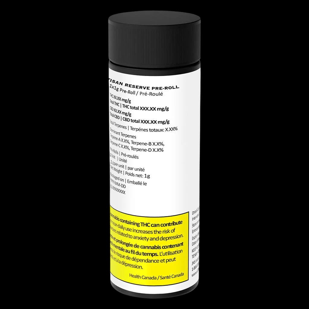 Pré-roulé 67 Artisan Reserve en paquet de 4 dans un tube blanc avec bouchon noir et étiquette d'avertissement jaune de Santé Canada