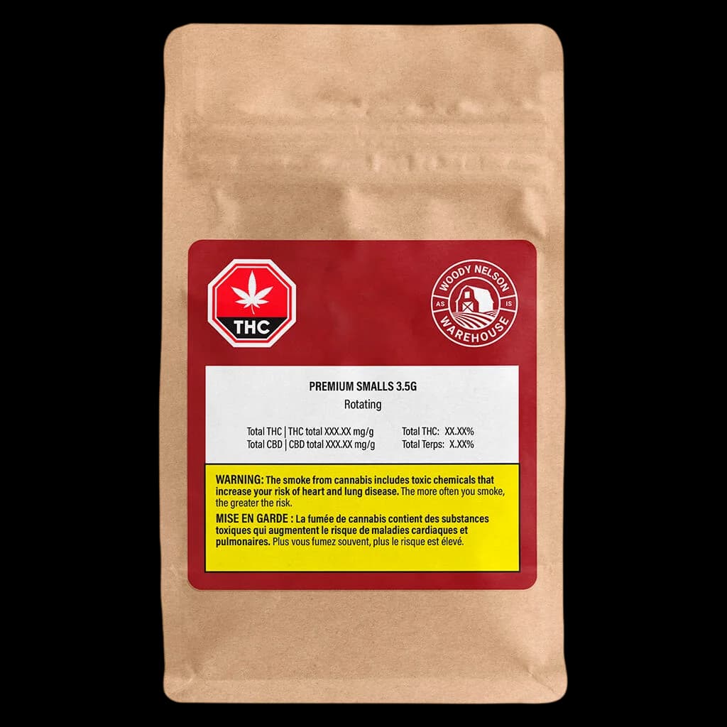 Woody Nelson Premium Smalls 3.5g dried flower cannabis package with red label, THC warning symbol, and yellow Health Canada warning