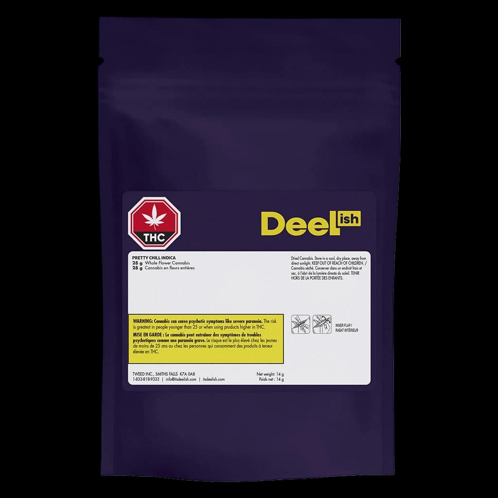 Deelish Pretty Chill Indica 28g dried flower cannabis package with purple pouch, red THC symbol, and yellow Health Canada warning label