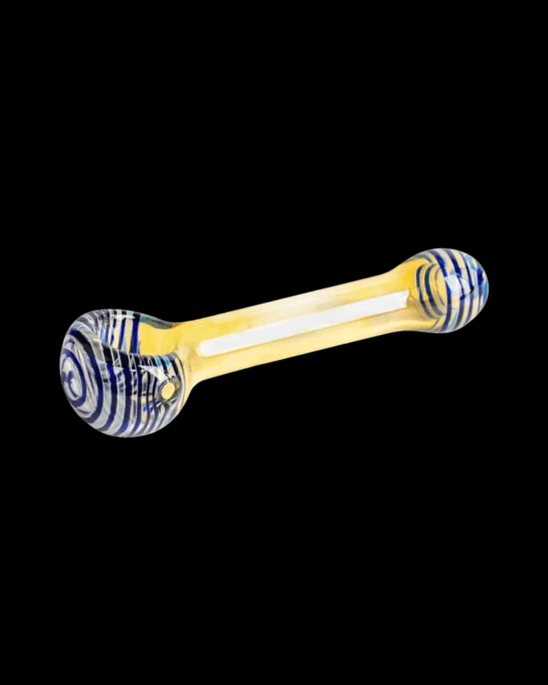 Pipe Money Hand Red Eye Tek, 3,5 pouces, verre borosilicaté jaune avec motif rayé bleu sur le bol et l'embout