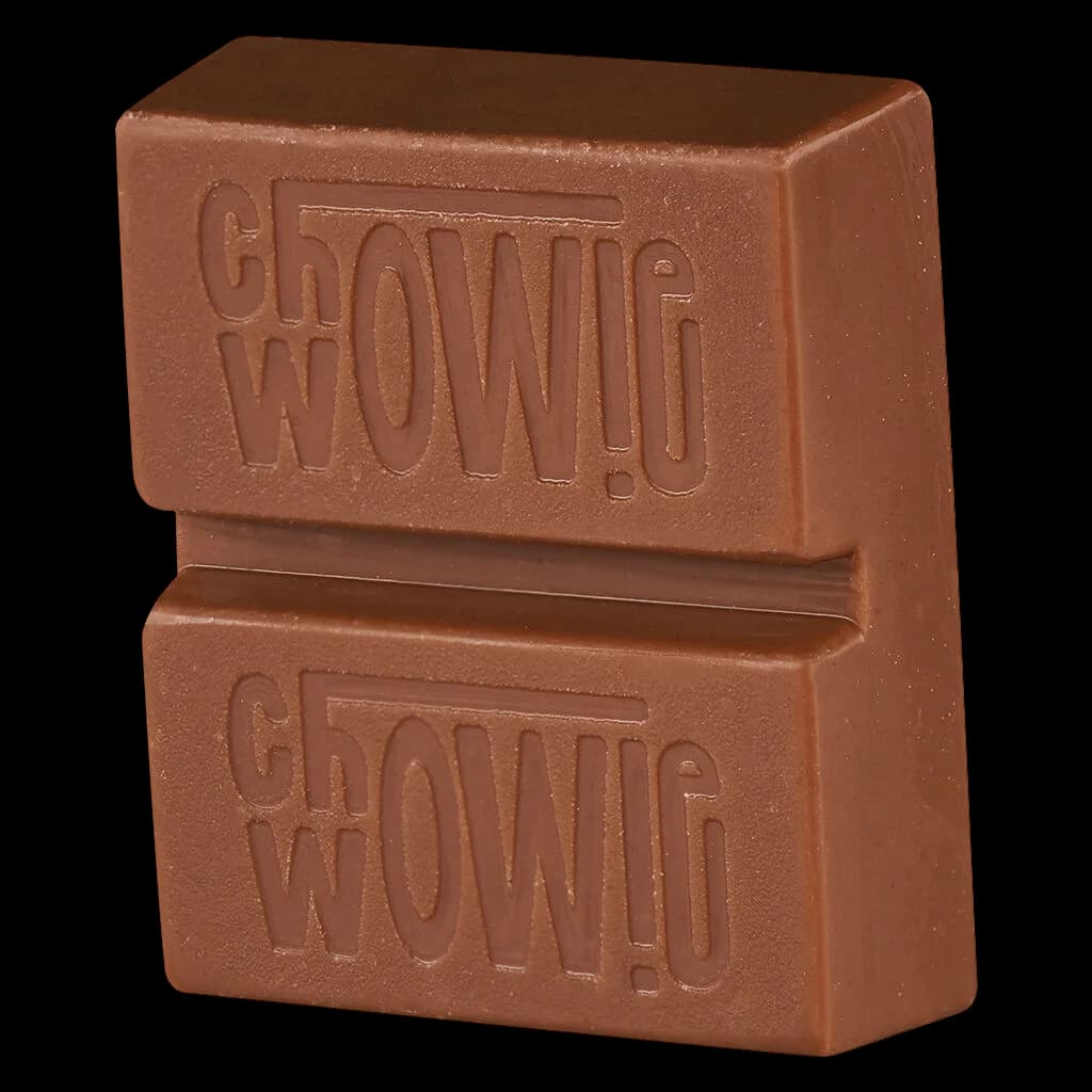Chowie Wowie THC Solid Milk Chocolate bar with embossed branding, two stacked segments