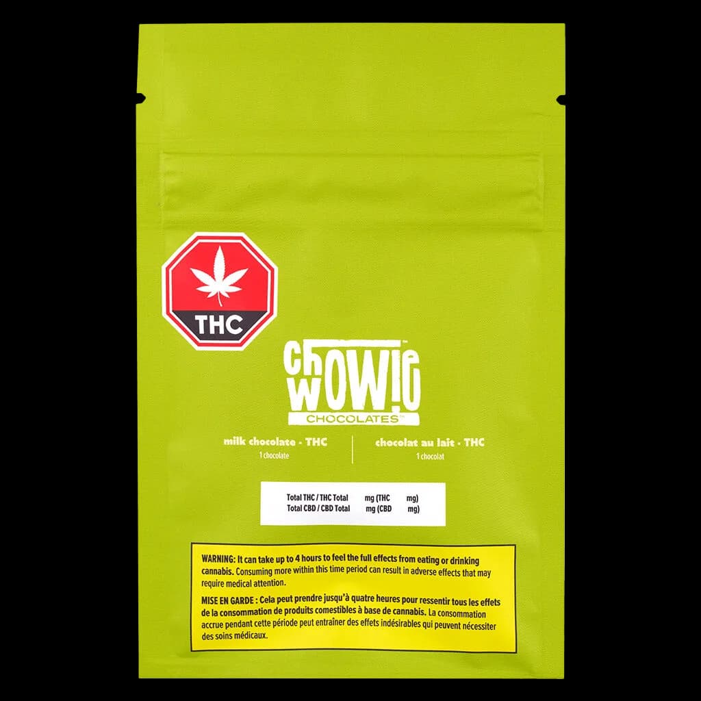 Chowie Wowie milk chocolate THC edible package with red THC warning symbol on lime green pouch