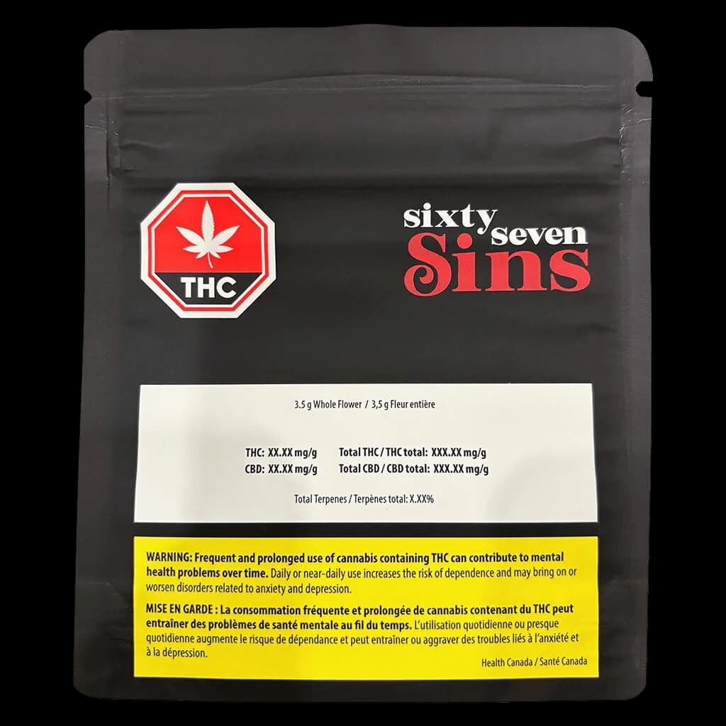 Sixty Seven Sins 3.5g whole flower cannabis dried flower pouch with red THC logo and Health Canada warning label