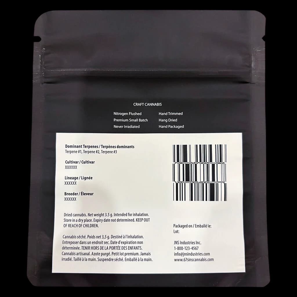 67 Artisan Reserve dried cannabis flower, 3.5g, black pouch with cream label showing terpene profile and regulatory information
