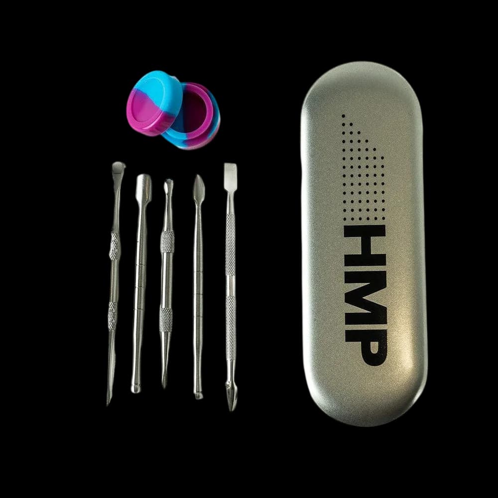 HMP dab tool set with five stainless steel picks, colorful silicone containers, and sage green carrying case