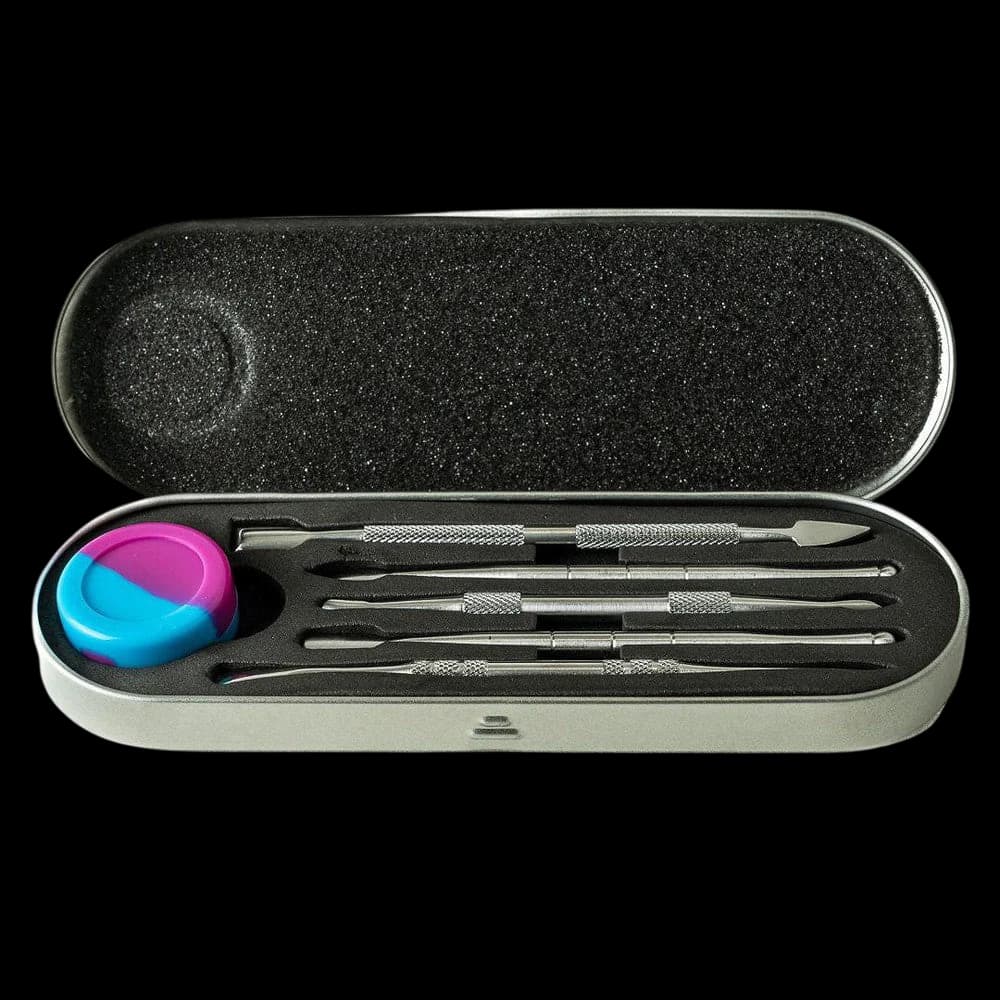 HMP dab tool set with pink and blue silicone container and six stainless steel dabber tools in protective case
