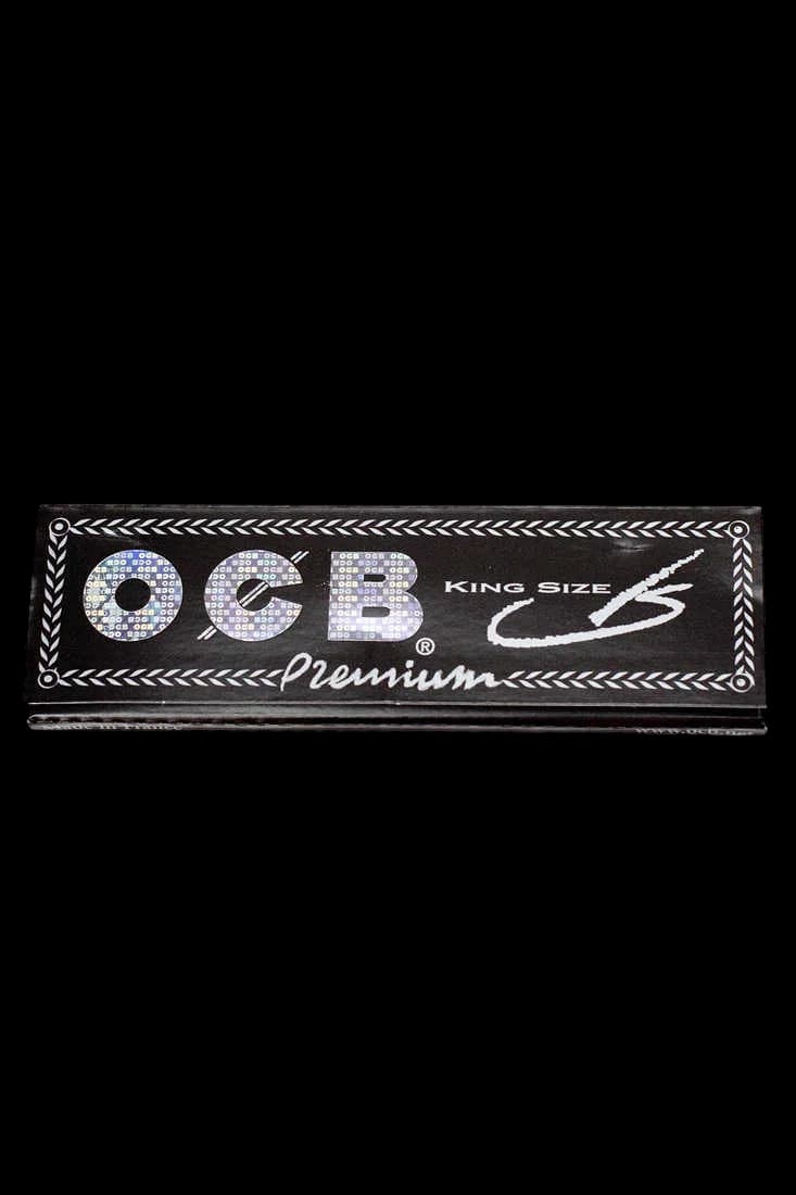 OCB Premium King Size rolling papers, black packaging with silver lettering and decorative border