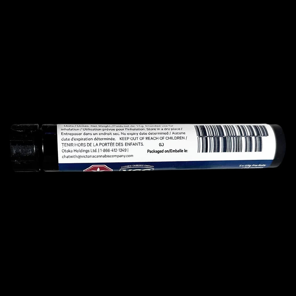 Victoria Cannabis Company Pomelo Skunk pre-roll tube showing rear label with regulatory text and barcode