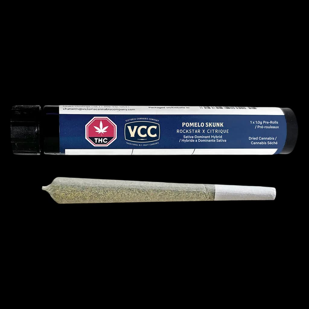 VCC Pomelo Skunk Rockstar x Citrique pre-roll 1.0g in tube packaging with single pre-roll displayed below