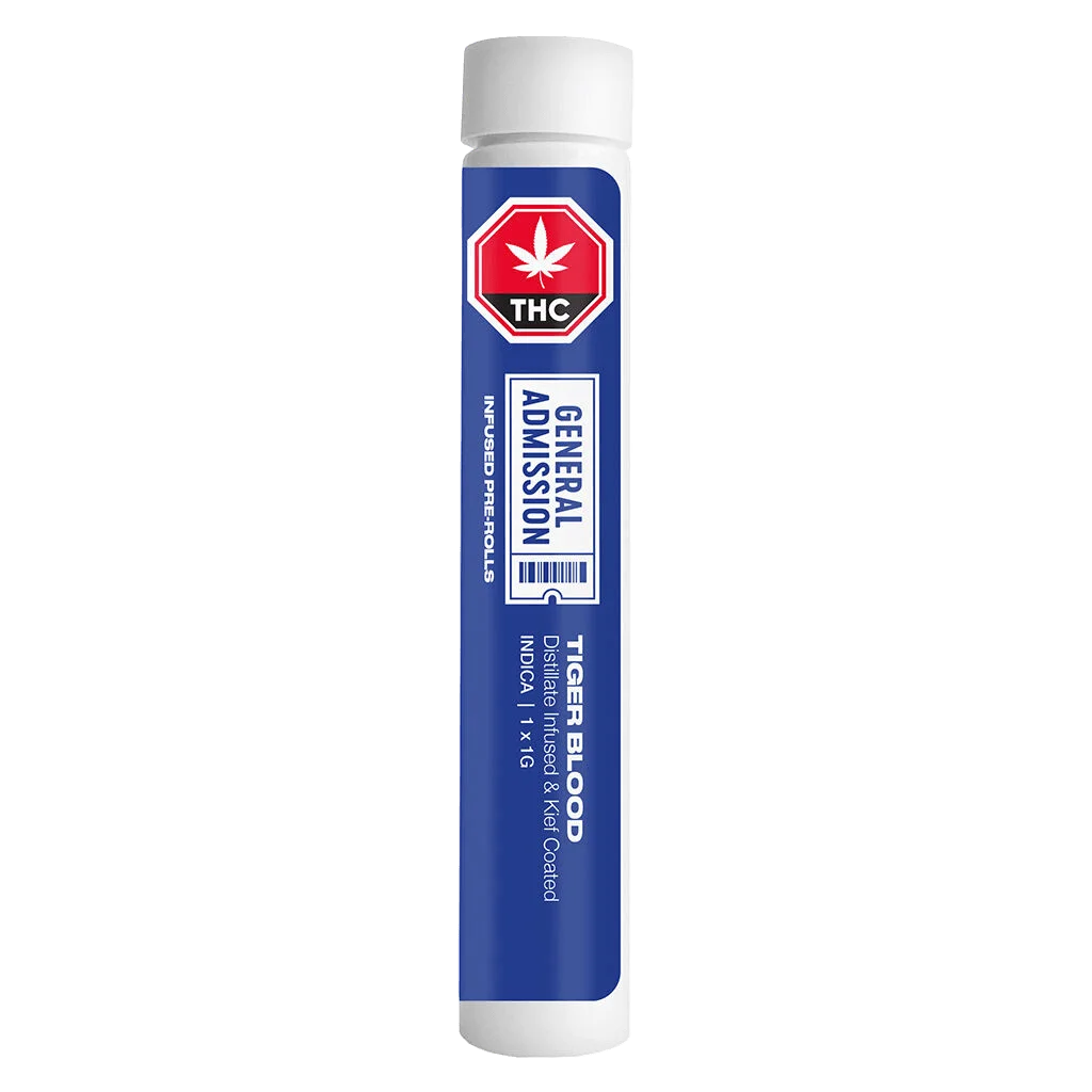 Tiger Blood General Admission distillate-infused pre-roll 1g with indica strain indicator on blue packaging tube