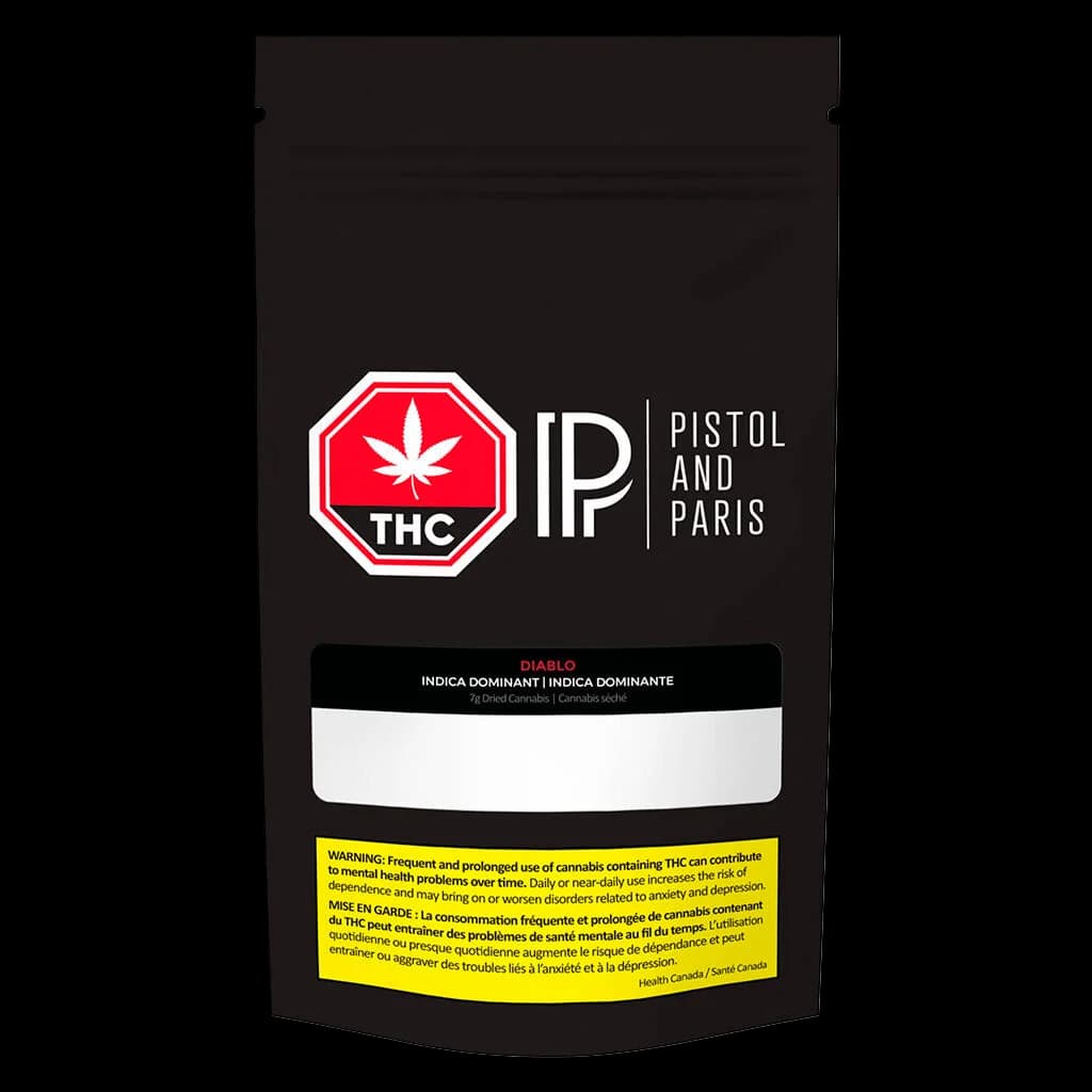 Sachet de 7 g de fleurs de cannabis séché Diablo de Pistol and Paris avec logo THC rouge et étiquette d'avertissement jaune de Santé Canada
