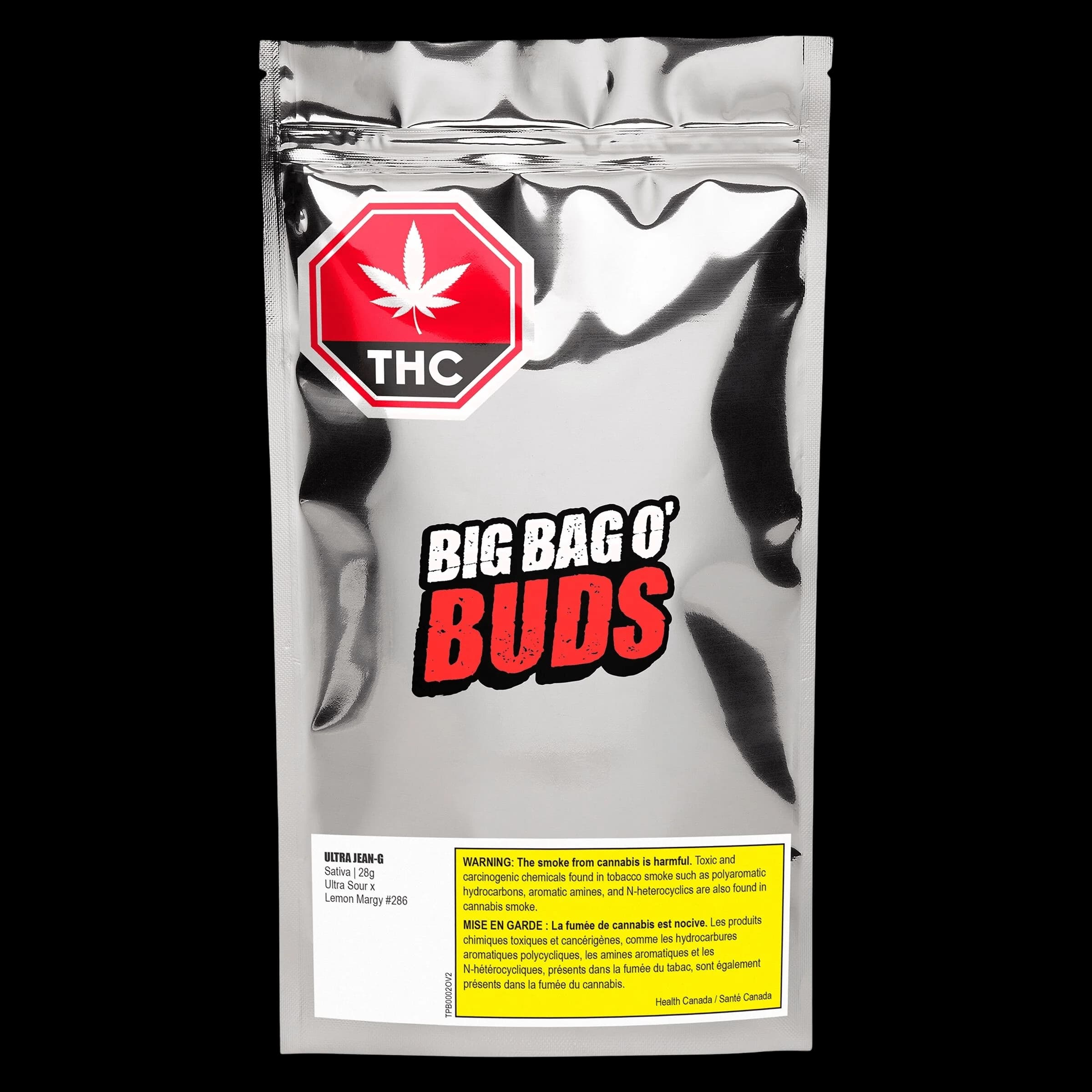 Pochette de 28 g de fleurs séchées de cannabis Ultra Jean-G de Big Bag O' Buds avec symbole d'avertissement THC rouge et étiquette d'avertissement jaune de Santé Canada