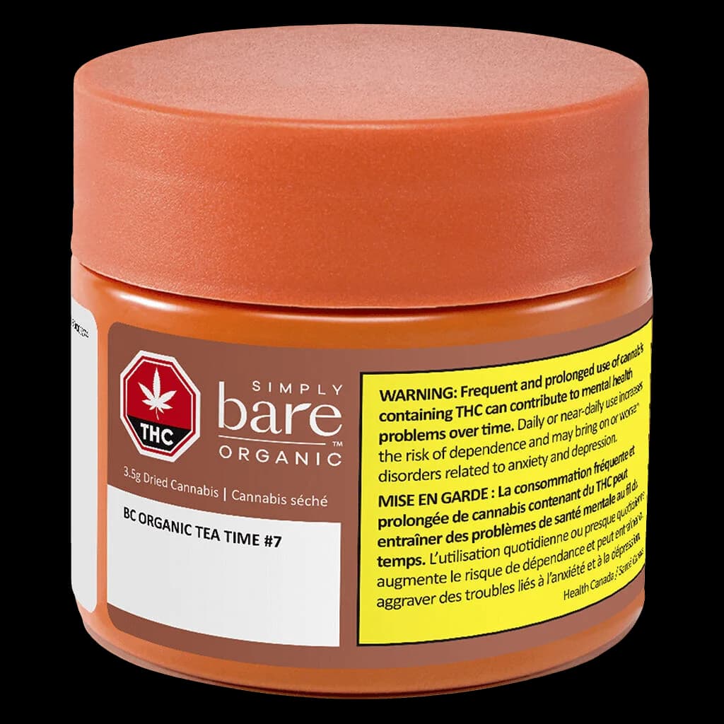 Simply Bare BC Organic Tea Time #7 3.5g dried cannabis flower in orange glass jar with coral cap