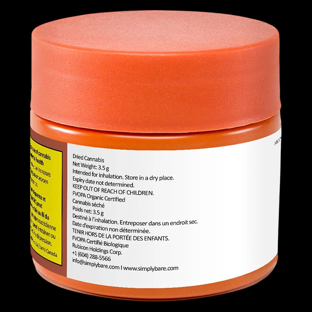 Simply Bare BC Organic Tea Time #7 3.5g dried cannabis flower in orange jar with white label