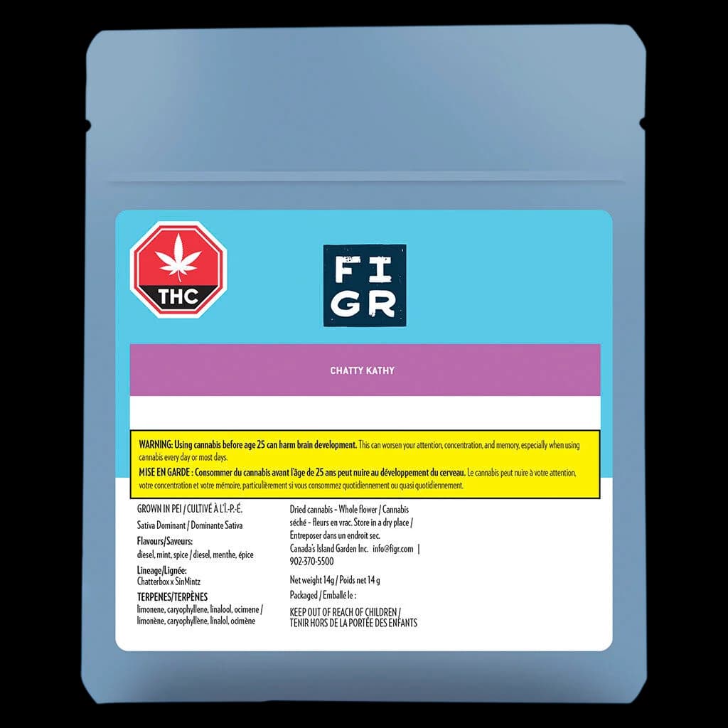 FIGR Chatty Kathy 14g dried cannabis flower pouch, sativa dominant strain with diesel, mint, spice flavours