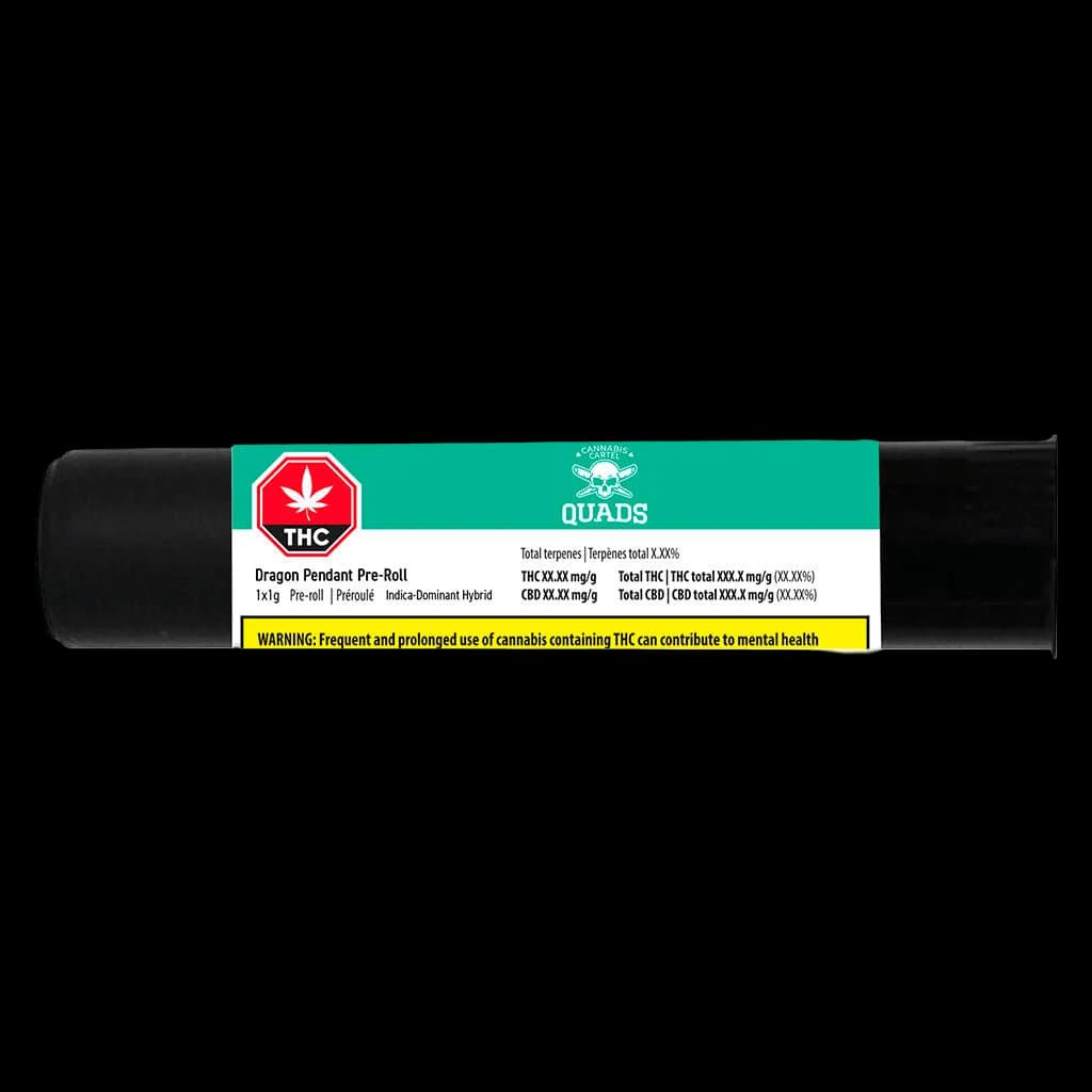 Quads Dragon Pendant Pre-Roll 1g cannabis pre-roll with red THC symbol, teal packaging, and Health Canada warning label