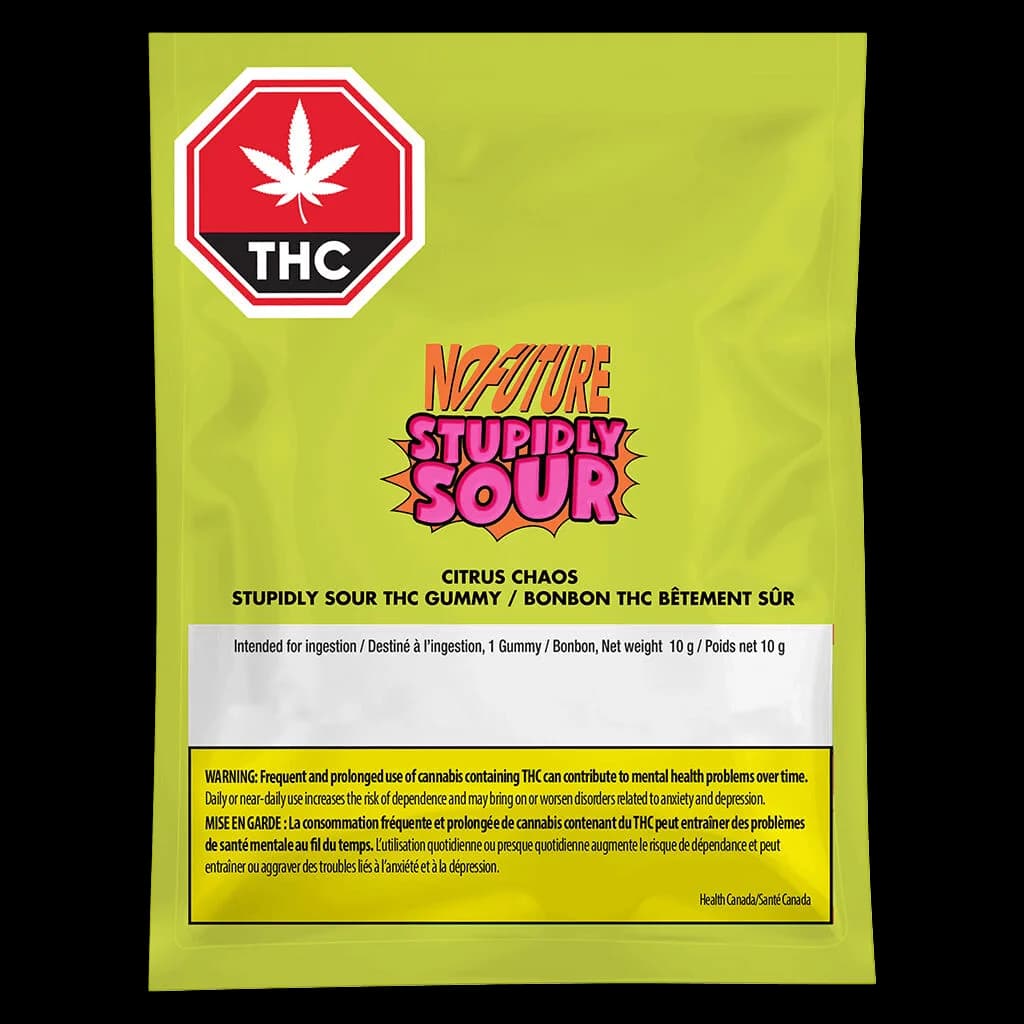 Emballage de gommes THC Citrus Chaos Stupidly Sour de No Future, 10 g, avec symbole THC rouge sur pochette vert lime