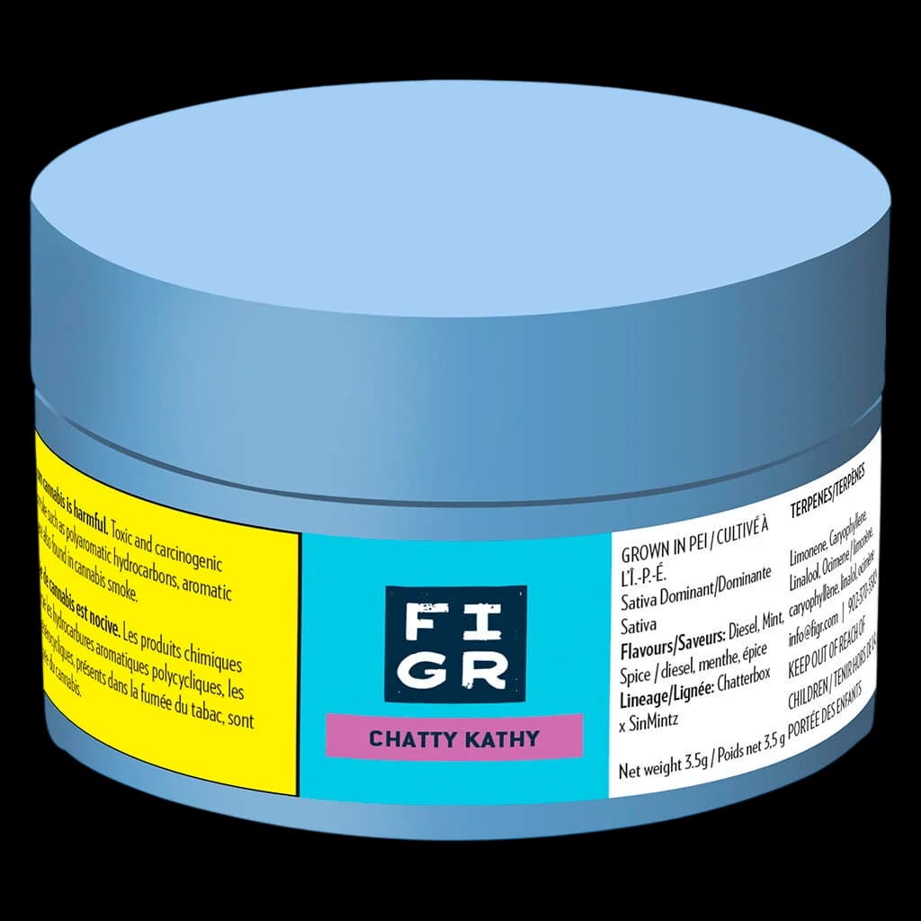 FIGR Chatty Kathy 3.5g dried flower cannabis jar with yellow warning label and turquoise product band