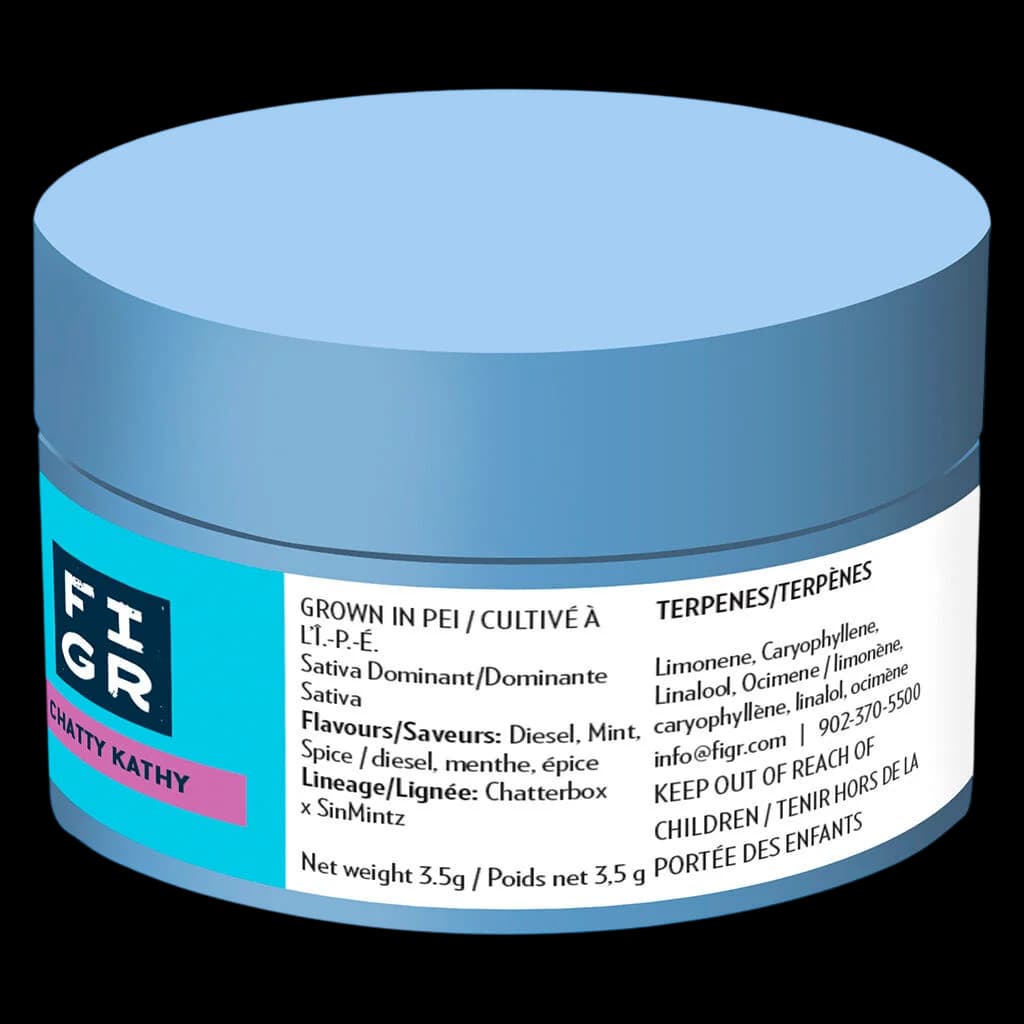 FIGR Chatty Kathy 3.5g cannabis dried flower jar with blue lid, showing label with Sativa Dominant strain info and Diesel, Mint terpene profile