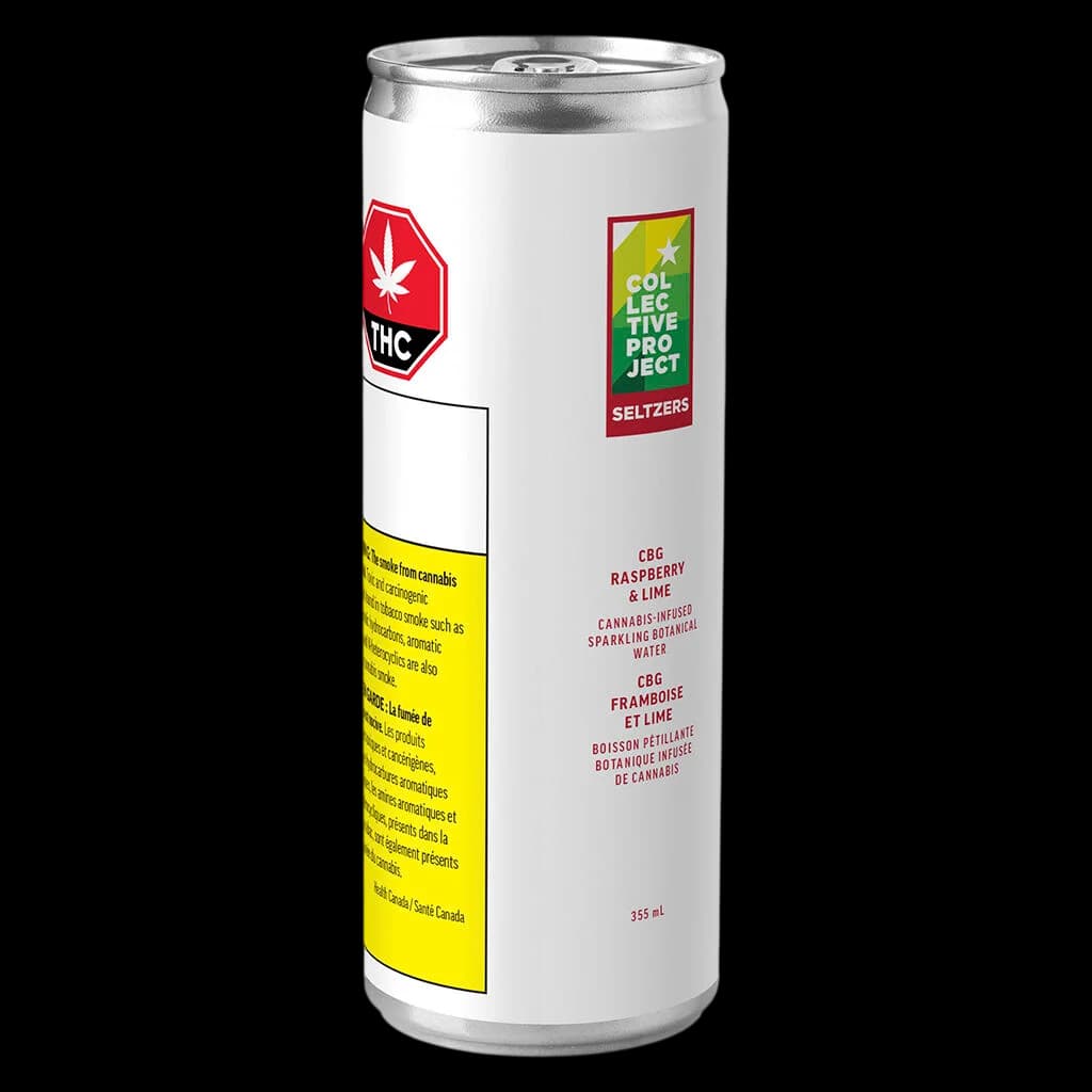 Collective Project CBG Raspberry & Lime cannabis-infused sparkling botanical water, 355mL can with red THC symbol and yellow Health Canada warning label