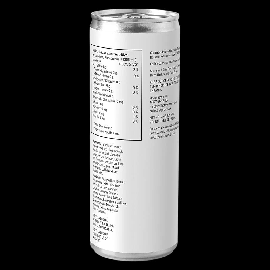 Collective Project CBG Raspberry & Lime Sparkling Botanical Water 355mL can showing nutrition facts and bilingual ingredient label