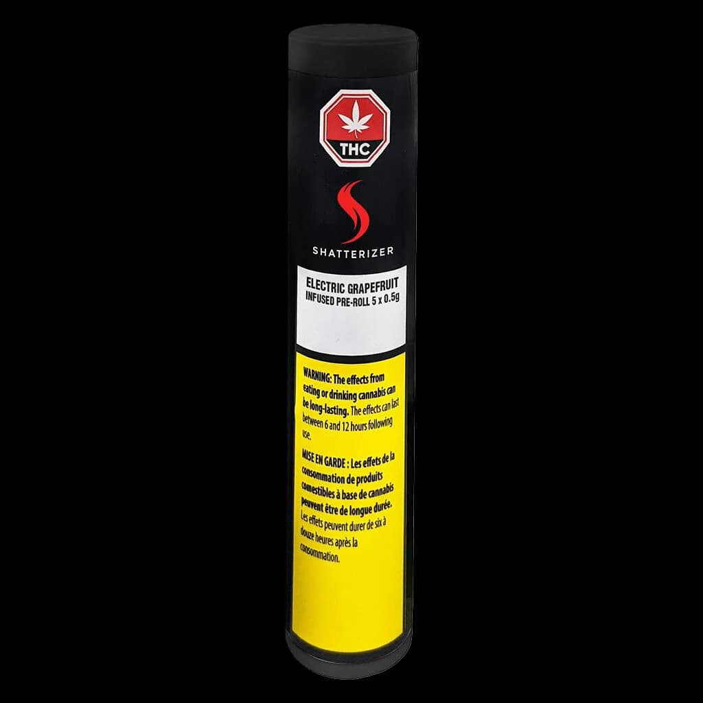 Shatterizer Electric Grapefruit Infused Pre-Roll 5 x 0.9g pack with black tube, red THC symbol, and yellow Health Canada warning label