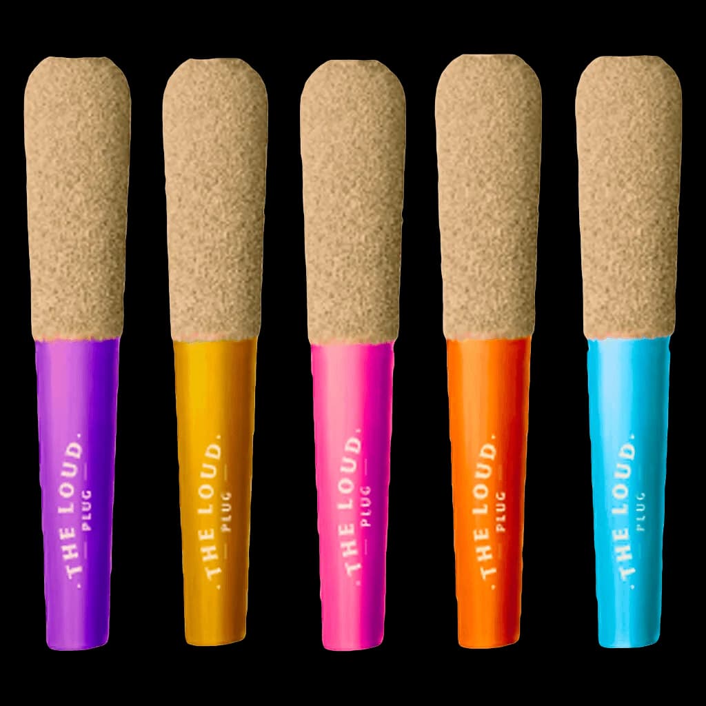 The Loud Plug Drippyz infused pre-roll multipack with five cork-tipped joints in purple, yellow, pink, orange, and blue tubes