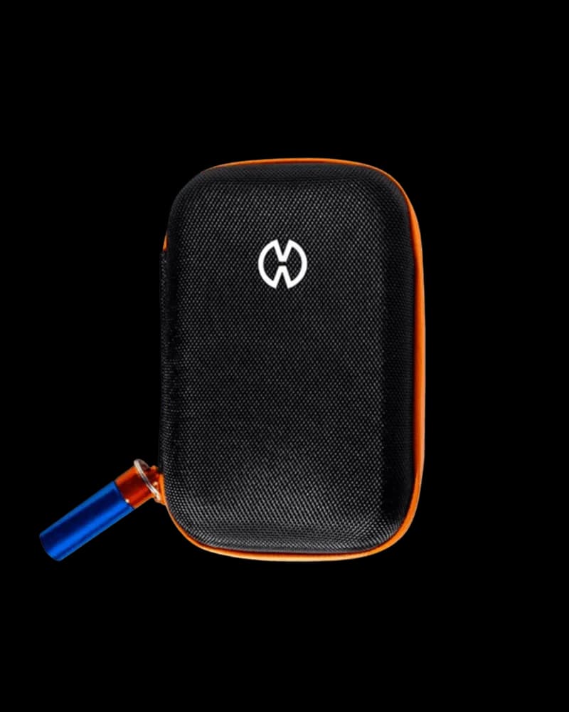 Storz & Bickel protective carrying case with black mesh exterior, orange trim, and branded logo, shown with blue keychain attachment