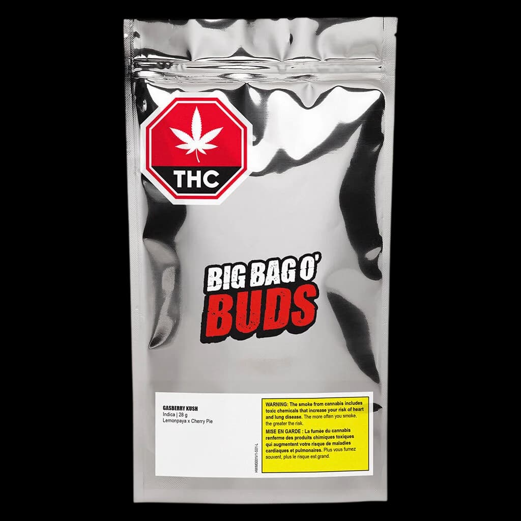Big Bag O' Buds Gasberry Kosh 28g cannabis dried flower pouch with THC warning label