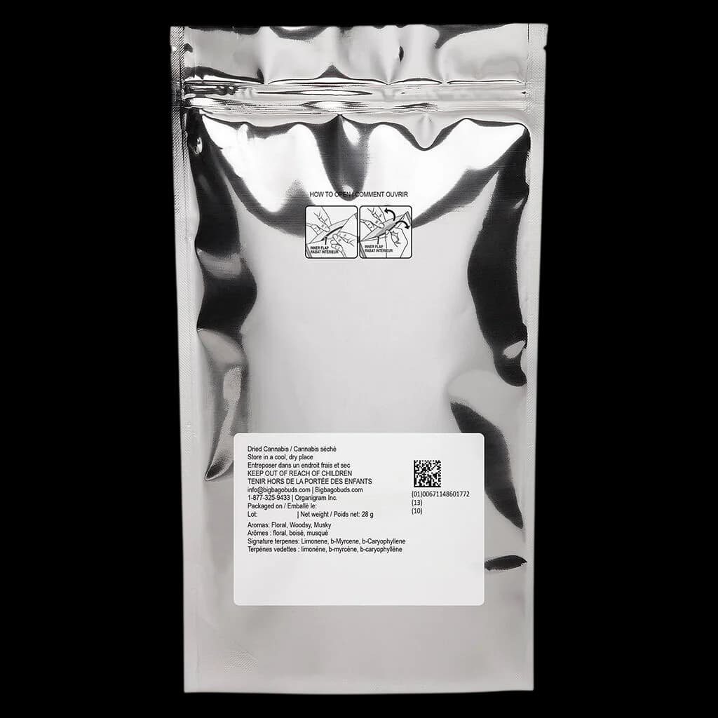 Big Bag O' Buds Gasberry Kush 28g dried cannabis flower pouch, rear view showing regulatory label and instructions