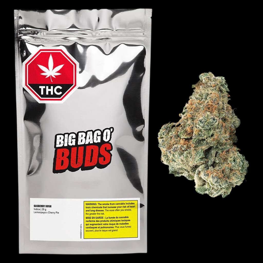 Big Bag O' Buds Gasberry Kush 28g dried flower with visible cannabis buds displayed alongside packaging
