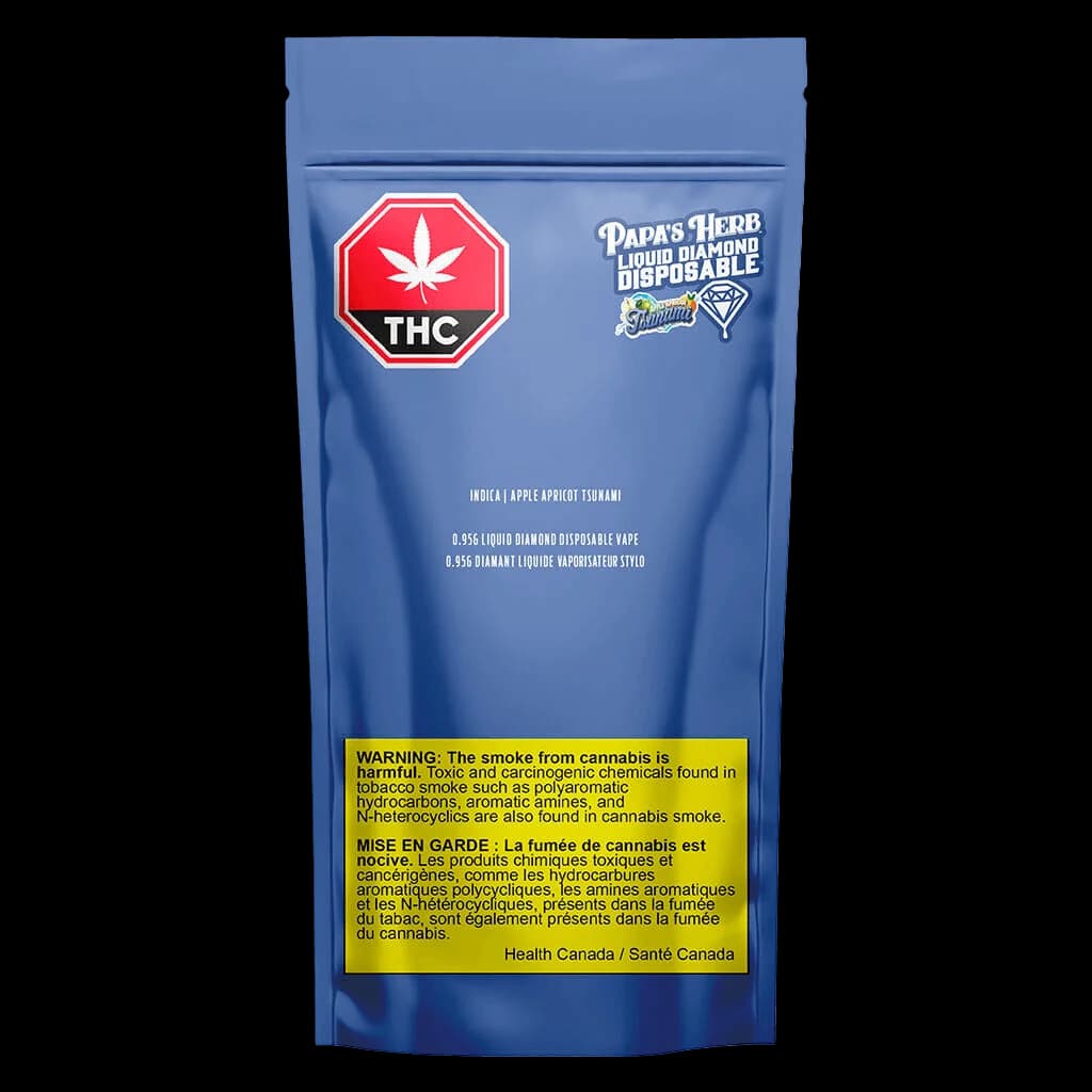 Papa's Herb Liquid Diamond Disposable vape pen, Apple Apricot Tsunami strain, 0.95g THC cannabis concentrate in blue packaging with red THC warning symbol and Health Canada label