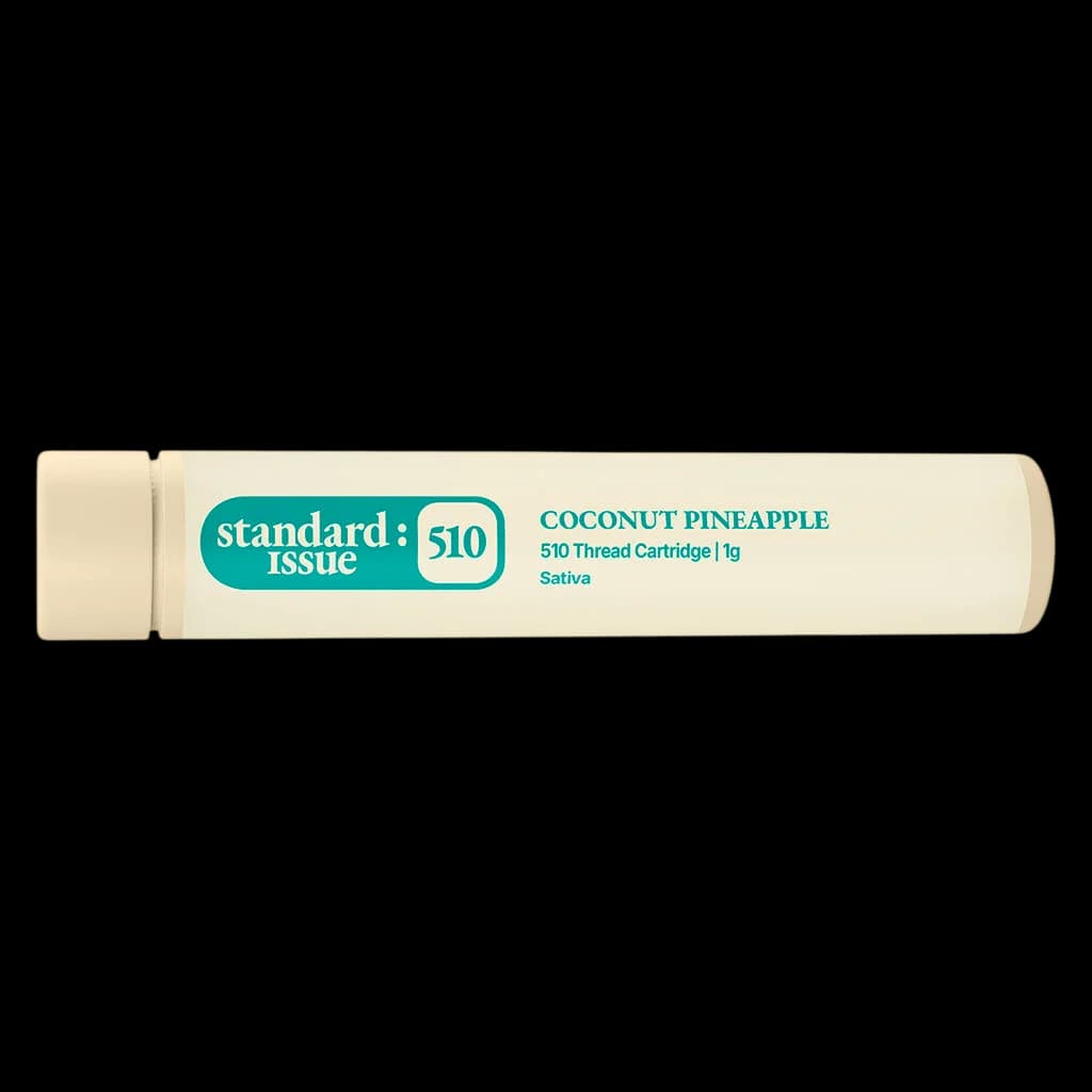 Standard Issue Coconut Pineapple 510 Thread Cartridge 1g, sativa cannabis vape cartridge with cream-colored tube and teal branding